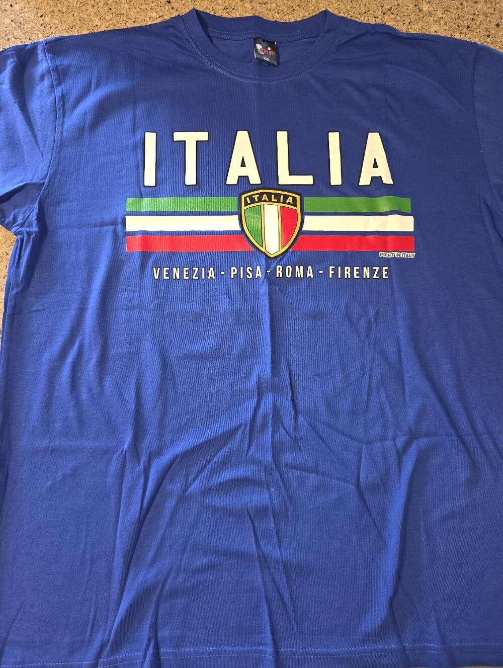 NWOT h.i.p. Italia Graphic Tee in Blue with Tricolor Shield